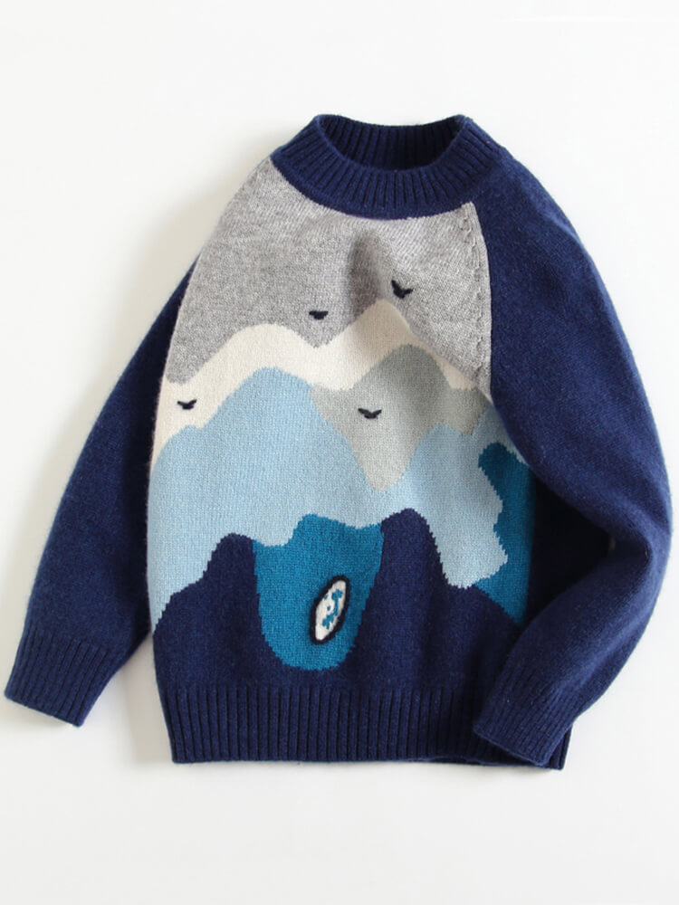 Kids Navy Blue Ocean Scene Cashmere Crew Neck Sweater